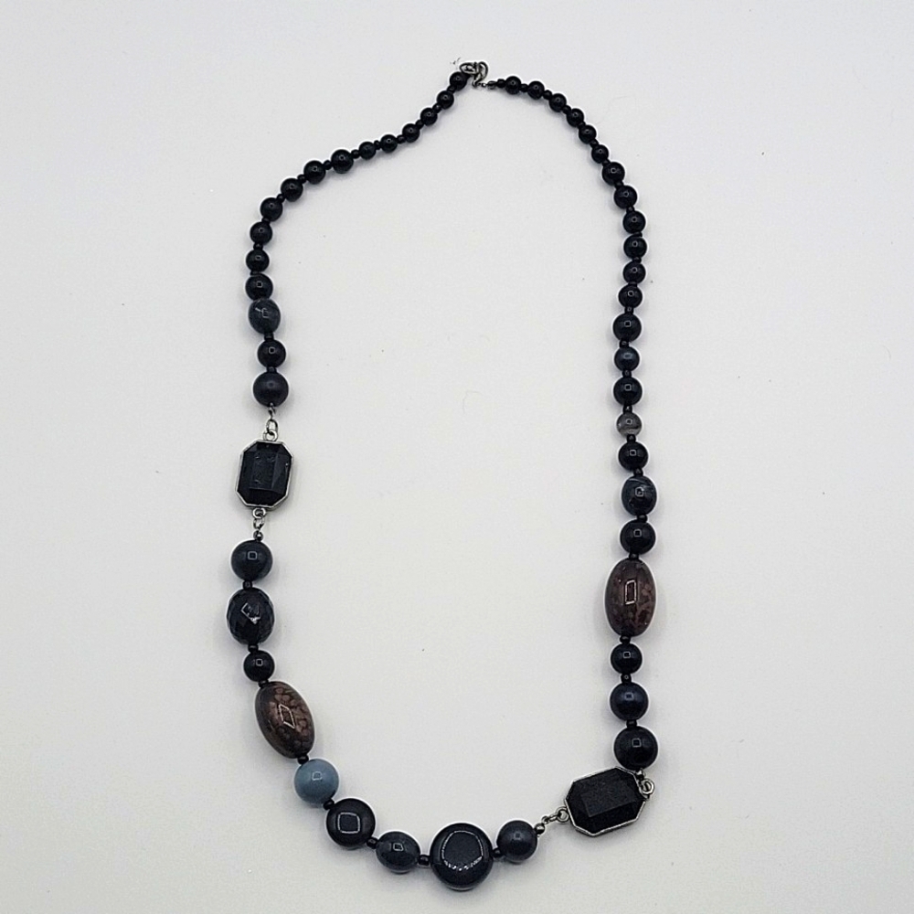 Vintage Beaded Necklace Mixed Beads & Gems Black Gray Silver Deep Purple